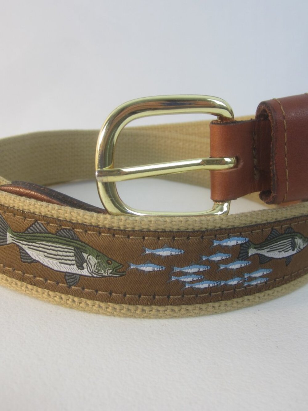 Web Canvas Brown Leather Fishing Belt Men 42 Brass Buckle Fish Theme 40 - 44
